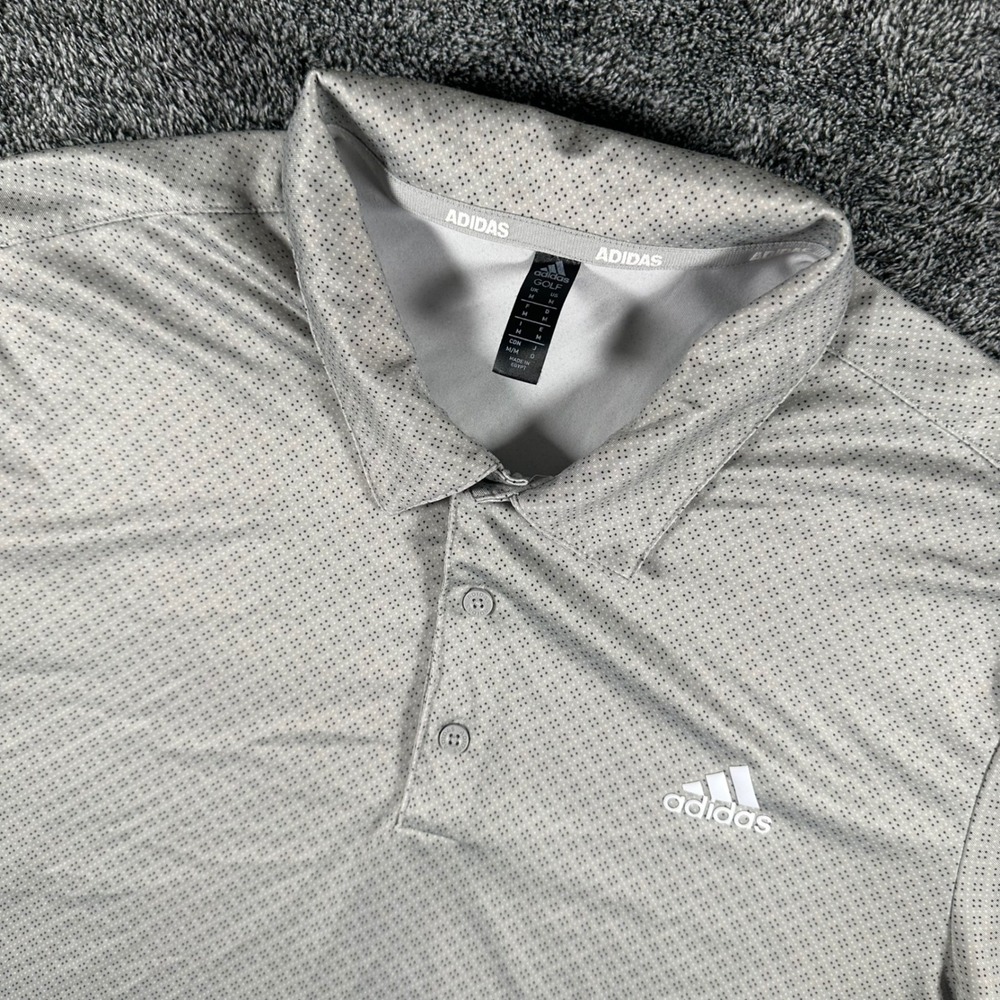 Adidas Polo Shirt Mens Medium Golf Grey Geometric Short Sleeve Button Down Logo
